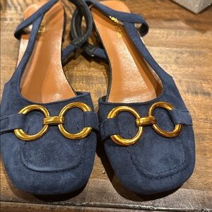 Elegant Blue Loafers with Gold Accents